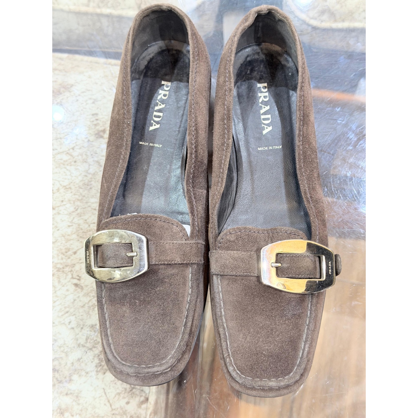 Prada Brown Suede Buckle Loafers Square Toe Flats Made In Italy Size 39 Eu